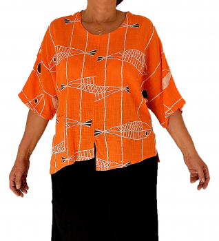 HL900OR1 Damen Bluse kastig geschnitten Leinen bedruckt one size orange