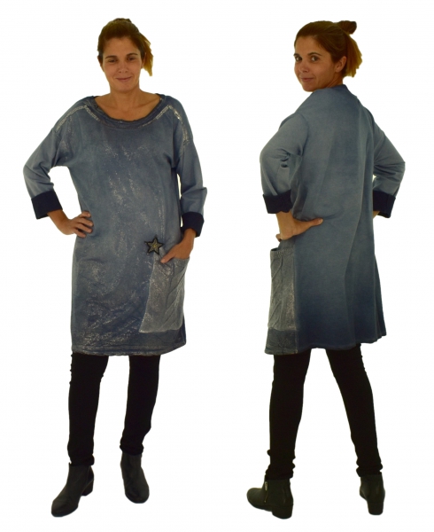 IH400BL Damen Tunika Brillant Oil Washed Look Longtunika Kleid one size Vintage Gr. 38 40 42 44 blau